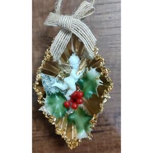 Handmade Tart Tin Vintage Angel Diorama Christmas Ornament Cherub Mandolin O3